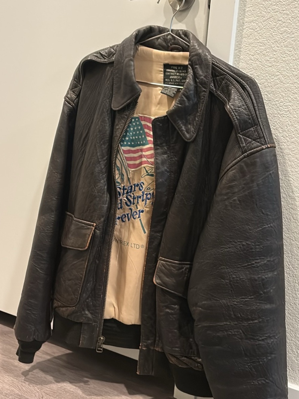 Avirex Black Leather Bomber Jacket with Cream Liner
